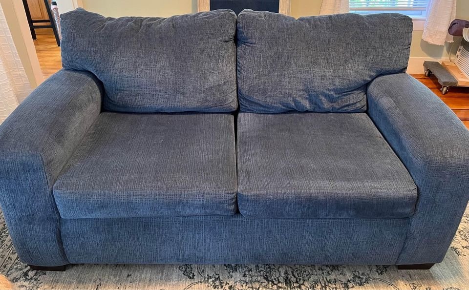 Blue chenille fabric couch